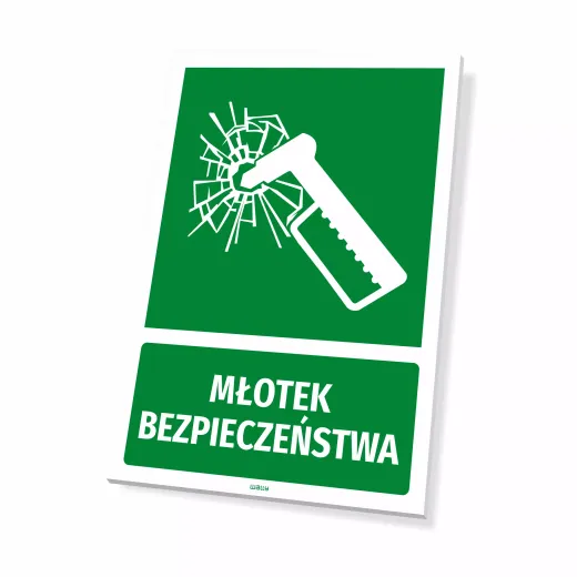 Zielona tabliczka informacyjna BHP z białym piktogramem i napisem Młotek bezpieczeństwa na białym tle