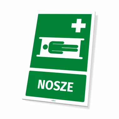 Tabliczka informacyjna: Nosze - Wzór graficzny. Zielona tablica z białym piktogramem noszy i napisem NOSZE