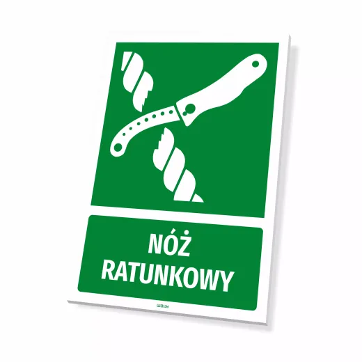 Zielona tabliczka BHP z piktogramem przecinanej liny i białym napisem Nóż ratunkowy, pokazana na białym tle
