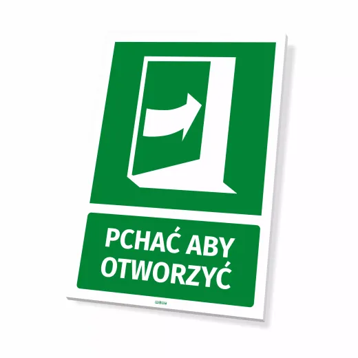 Zielona tabliczka informacyjna BHP z piktogramem drzwi i napisem Pchać aby otworzyć na białym tle
