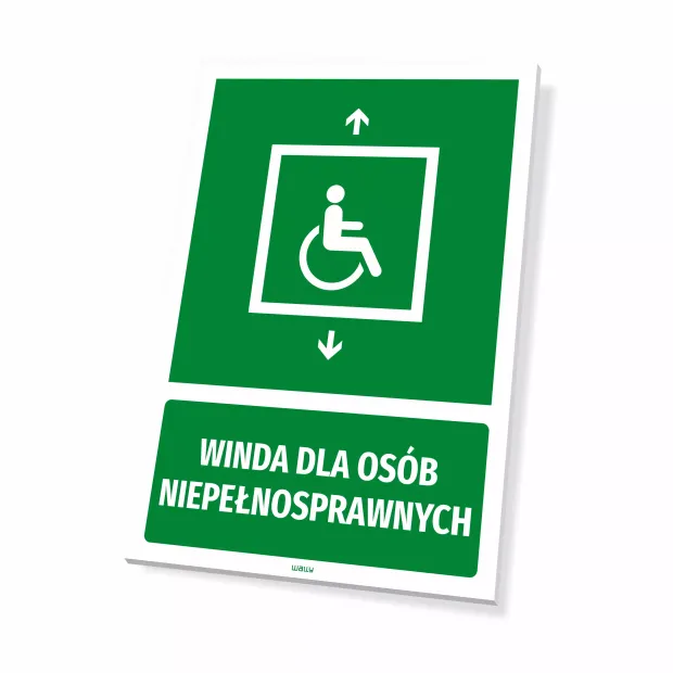 Tabliczka informacyjna: Winda dla osób niepełnosprawnych - Wzór graficzny. Zielone tło, biały piktogram wózka inwalidzkiego