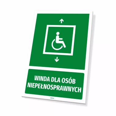 Tabliczka informacyjna: Winda dla osób niepełnosprawnych - Wzór graficzny. Zielone tło, biały piktogram wózka inwalidzkiego