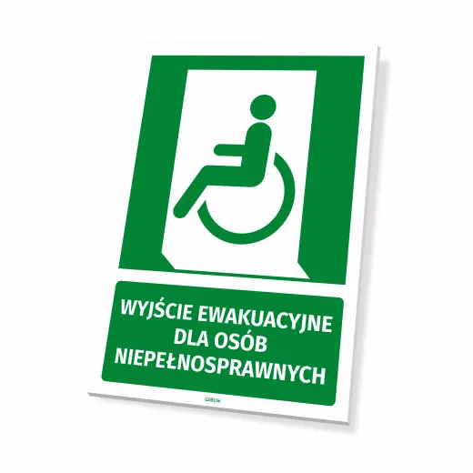 Zielona tabliczka ewakuacyjna z napisem Wyjście ewakuacyjne dla osób niepełnosprawnych i piktogramem wózka