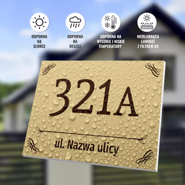 Tabliczka na dom T665, z numerem i ulicą - Wzór graficzny. Prostokątna tabliczka z numerem 321A i napisem ul. Nazwa ulicy