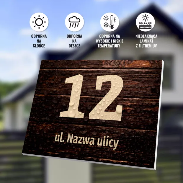 Tabliczka na dom T671, z numerem i ulicą - Wzór graficzny. Prostokątna tabliczka z dużym numerem 12 i napisem ul. Nazwa