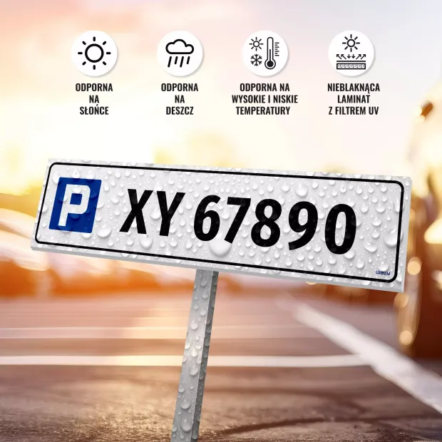 Infografika prezentująca odporność tabliczki parkingowej z miejscem na numer rejestracyjny na warunki pogodowe