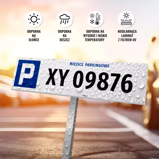 Tabliczka parkingowa z numerem rejestracyjnym, miejsce parkingowe - Wzór graficzny. Tabliczka z białym tłem, niebieskim