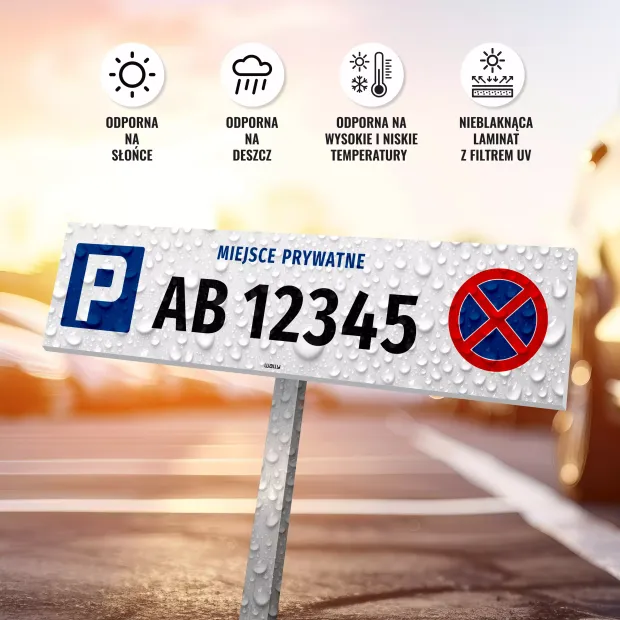 Tabliczka parkingowa z numerem rejestracyjnym, miejsce prywatne - Wzór graficzny. Prostokątna tabliczka z niebieskim tłem