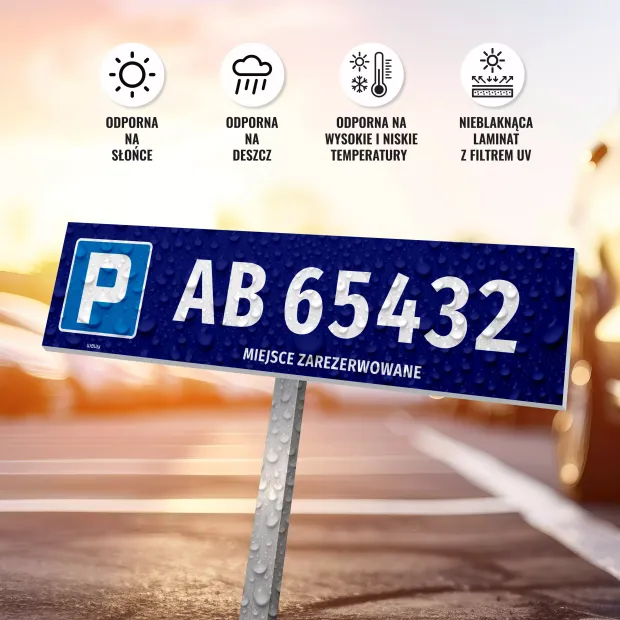 Tabliczka parkingowa z numerem rejestracyjnym, miejsce zarezerwowane - Wzór graficzny. Prosta forma, niebieskie tło, białe