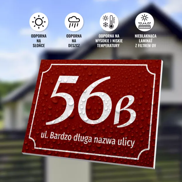 Tabliczka posesyjna numerem i ulicą - Wzór graficzny. Czerwone tło z białymi cyframi i tekstem, krople wody na powierzchni