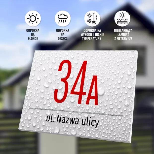 Tabliczka z numerem budynku, domu i ulicą - Wzór graficzny. Prosty kształt, czerwony numer na szarym tle, tekst w dolnej