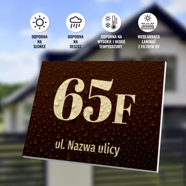 Brązowa tabliczka adresowa z polem na numer domu i ulicę, przedstawiona na infografice z opisem odporności