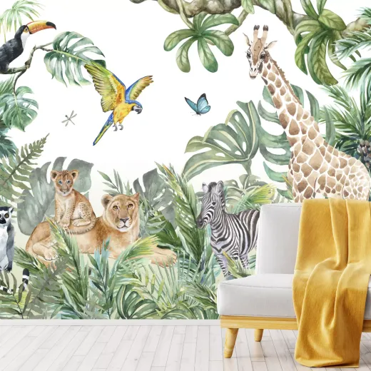 Fototapeta do pokoju dziecka z nadrukiem dzikich zwierząt, takich jak żyrafa, lwy i zebra, wśród zielonych liści