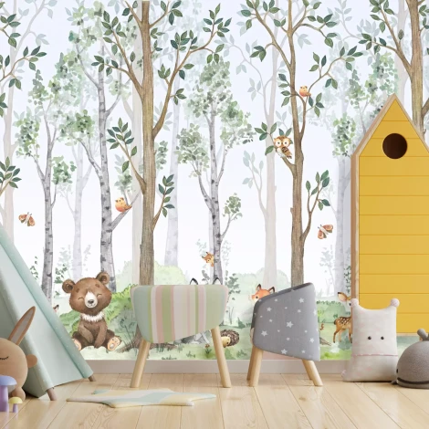 Tapeta dla dzieci Las, sympatyczne zwierzaczki 0525 DW - Aranżacja w pokoju dziecięcym. Ściany w jasnych kolorach, drewniana