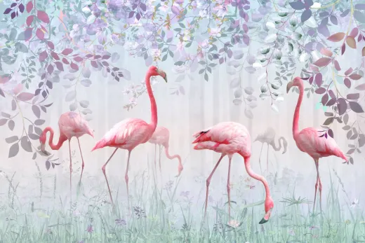 Tapeta do pokoju dziecka z nadrukiem różowych flamingów i pastelowych liści na jasnym, jednolitym tle
