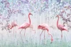 Tapeta dla dzieci Różowe flamingi na tle liści i traw 0538 DW - Wzór graficzny. Flamingi w różnych pozach na tle liści