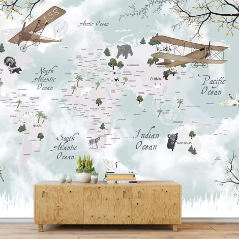 Tapeta dla dziecka Mapa świata, samoloty, dzikie zwierzęta 0537 DW - Aranżacja w pokoju dziecięcym. Ściany w jasnych