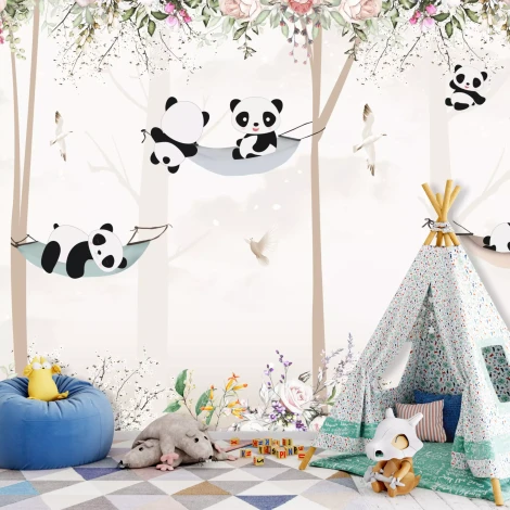 Tapeta do pokoju dziecka Misie panda w hamakach 0541 DW - Aranżacja w pokoju dziecięcym. Ściany w jasnych kolorach, obecność