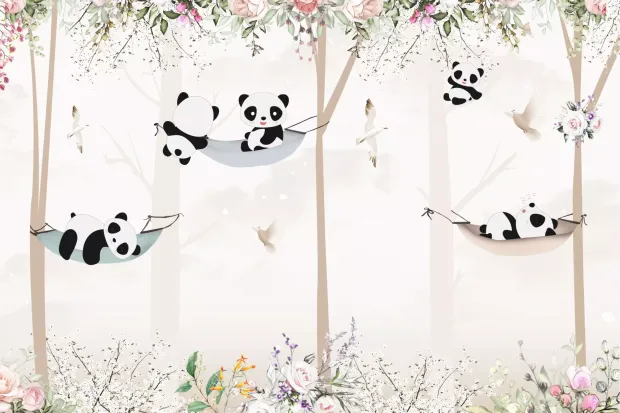 Tapeta do pokoju dziecka z nadrukiem misiów panda w hamakach, przedstawiona jako wizualizacja wzoru na białym tle