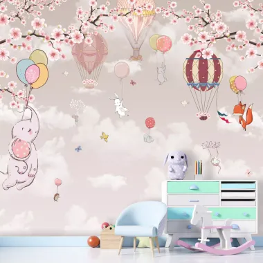 Tapeta dziecięca Wesołe zwierzątka, baloniki, kwiaty 0533 DW - Wzór graficzny. Na tle chmur unoszą się balony, a obok są