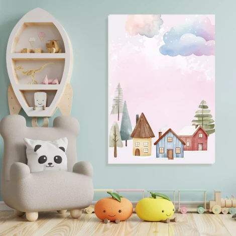 Tablica magnetyczna suchościeralna dla dzieci Domki, drzewka, chmurki 607 - Aranżacja w pokoju dziecięcym. Ściany w jasnym