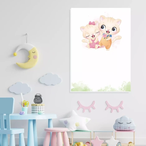 Tablica magnetyczna suchościeralna dla dzieci Kociaki 601 - Aranżacja w pokoju dziecięcym. Ściany w jasnych kolorach, meble