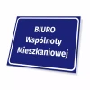Tabliczka informacyjna: Biuro wspólnoty mieszkaniowej - Wzór graficzny. Niebieskie tło z białym napisem