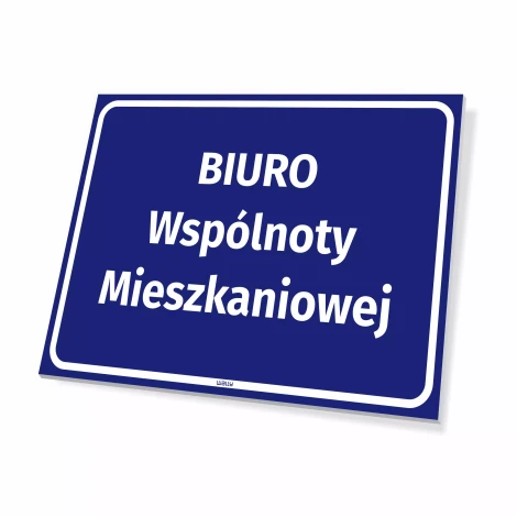 Tabliczka informacyjna: Biuro wspólnoty mieszkaniowej - Wzór graficzny. Niebieskie tło z białym napisem
