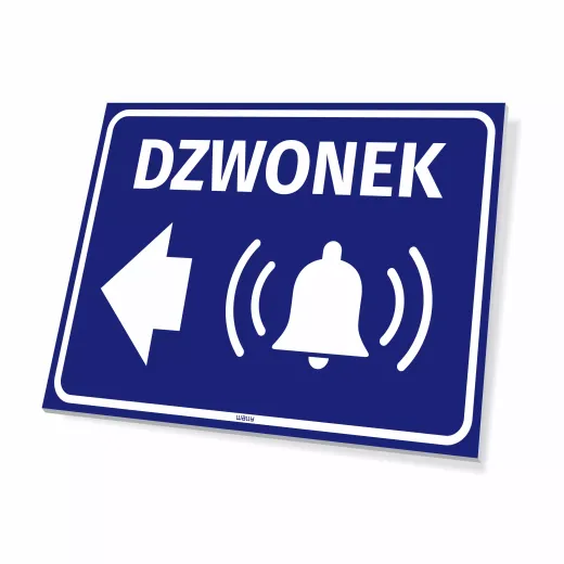 Niebieska tabliczka informacyjna z białym napisem DZWONEK, piktogramem dzwonka i strzałką w lewo