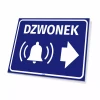 Tabliczka informacyjna: Dzwonek ze strzałką w prawo - Wzór graficzny. Niebieskie tło, biały dzwonek i strzałka w prawo