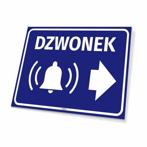 Tabliczka informacyjna: Dzwonek ze strzałką w prawo - Wzór graficzny. Niebieskie tło, biały dzwonek i strzałka w prawo