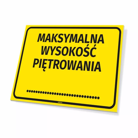 Tabliczka informacyjna: Maksymalna wysokość piętrowania - Wzór graficzny. Żółte tło z czarnym tekstem i kropkami na dole