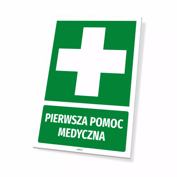 Tabliczka informacyjna: Pierwsza pomoc medyczna - Wzór graficzny. Zielony prostokąt z białym krzyżem i napisem
