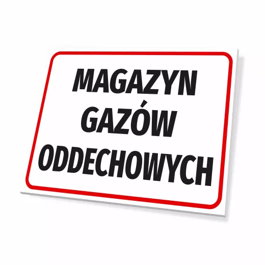 Prostokątna tabliczka BHP z czerwonym obramowaniem i czarnym napisem MAGAZYN GAZÓW ODDECHOWYCH