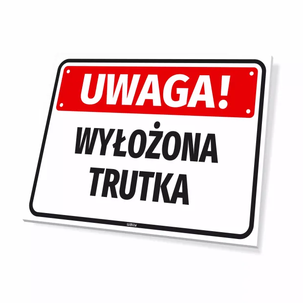 Prostokątna tabliczka ostrzegawcza z czerwono-czarnym napisem Uwaga! Wyłożona trutka na białym tle