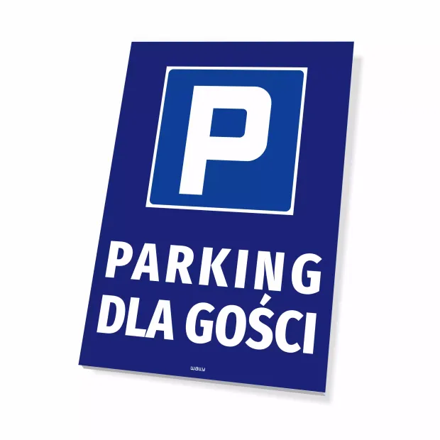 Niebieska tabliczka parkingowa z białym znakiem P oraz czytelnym napisem Parking dla gości na białym tle