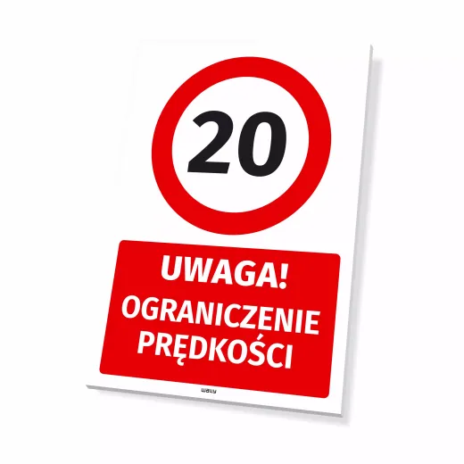 Tabliczka parkingowa z napisem Uwaga! Ograniczenie prędkości i znakiem 20 na białym tle, pokazana pod kątem