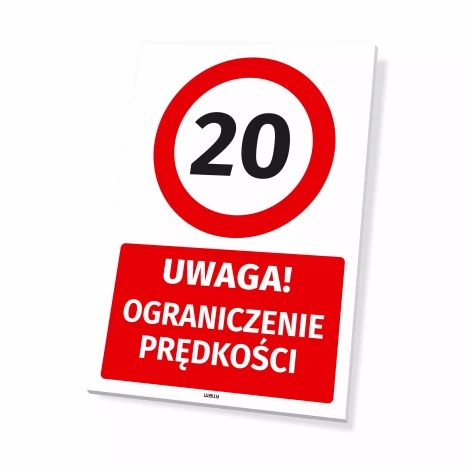 Tabliczka parkingowa: Uwaga! Ograniczenie prędkości 20 kmh - Wzór graficzny. Czerwony okrąg z cyfrą 20, pod nim prostokąt