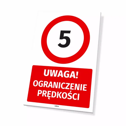 Tabliczka parkingowa z napisem UWAGA! OGRANICZENIE PRĘDKOŚCI i znakiem ograniczenia do 5 km/h na białym tle