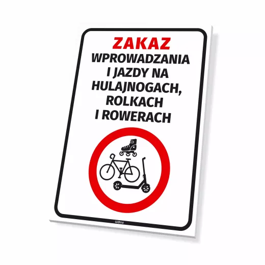 Tabliczka: Zakaz wprowadzania i jazdy na hulajnogach, rolkach i rowerach - Wzór graficzny. Czerwony okrąg z przekreśloną