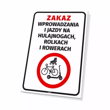 Tabliczka: Zakaz wprowadzania i jazdy na hulajnogach, rolkach i rowerach - Wzór graficzny. Czerwony okrąg z przekreśloną