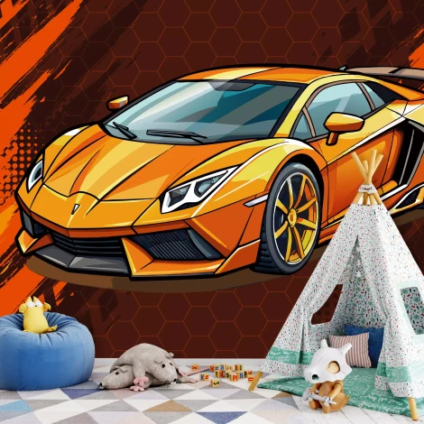 Tapeta do pokoju chłopca Pomarańczowy samochód sportowy 0545 - Aranżacja w pokoju dziecięcym. Ściany w ciemnym kolorze