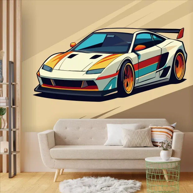 Tapeta młodzieżowa Auto sportowe, wyścigowe 0546 - Wzór graficzny. Samochód sportowy w stylu kreskówkowym z dynamicznymi