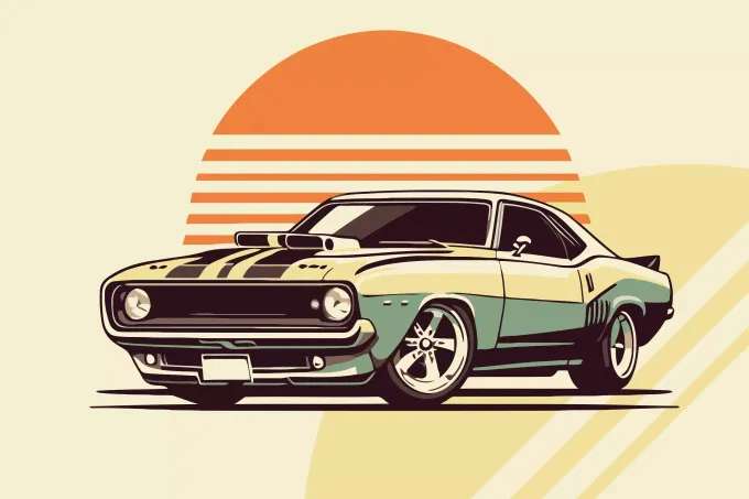 Tapeta młodzieżowa Retro superauto 0550 - Wzór graficzny. Stylizowany samochód na tle okrągłego słońca i linii