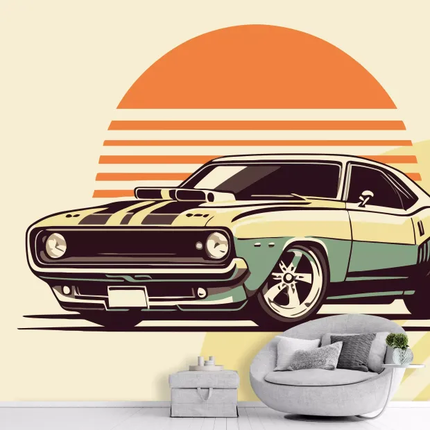 Tapeta młodzieżowa Retro superauto 0550 - Wzór graficzny. Stylizowany samochód z dużymi kołami na tle pomarańczowego słońca