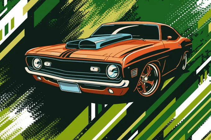 Tapeta na ścianę Supersamochód muscle car 0547 - Wzór graficzny. Samochód w pomarańczowym kolorze na tle zielonych i białych