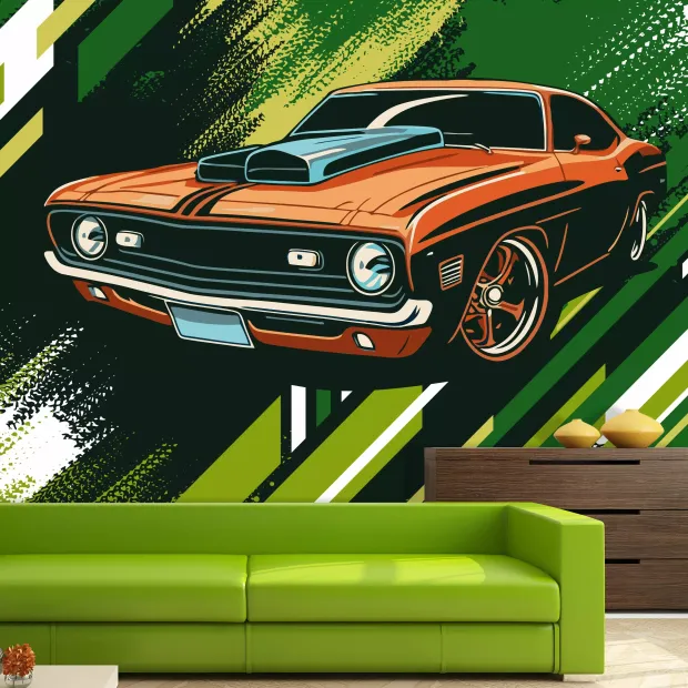 Tapeta na ścianę Supersamochód muscle car 0547 - Aranżacja w nowoczesnym salonie. Zielone ściany i jasne meble
