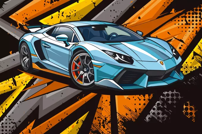 Tapeta ścienna Błękitne nowoczesne auto sportowe 0548 - Wzór graficzny. Auto w błękitnych i szarych kolorach na tle