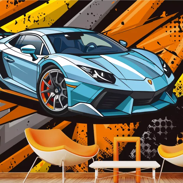 Tapeta ścienna Błękitne nowoczesne auto sportowe 0548 - Aranżacja w nowoczesnym salonie. Ściany w odcieniach szarości