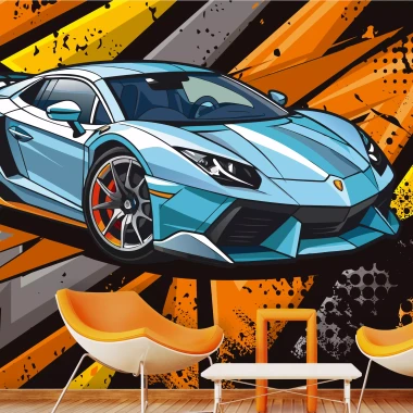 Tapeta ścienna Błękitne nowoczesne auto sportowe 0548 - Aranżacja w nowoczesnym salonie. Ściany w odcieniach szarości